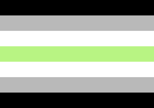 Drapeau de la fierté agender, composé de bandes horizontales, de haut en bas, noires, grises, blanches, vertes, blanches, grises et noires.