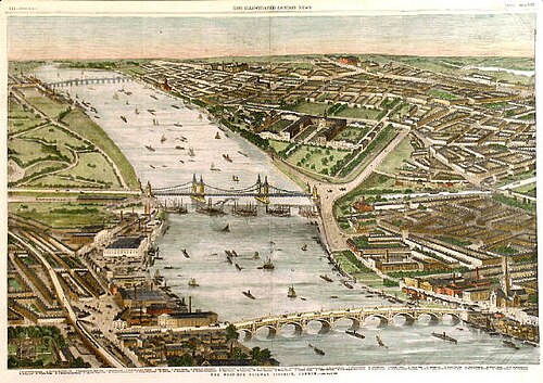 Vue en perspective d'une large rivière traversant une ville verdoyante, du coin supérieur gauche au coin inférieur droit. Trois ponts enjambent la rivière, où sillonnent de nombreuses petites embarcations.