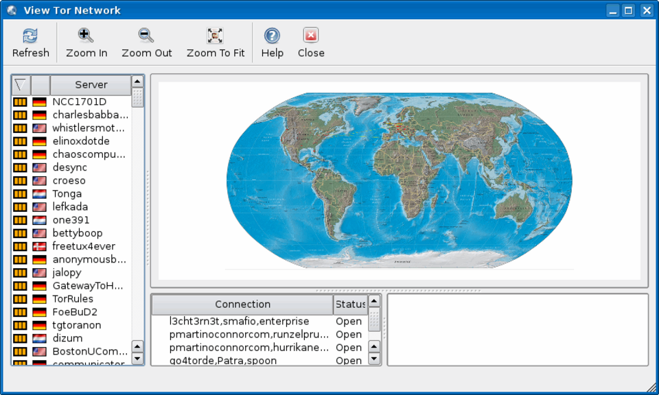Capture d'écran d'un programme informatique montrant l'emplacement des ordinateurs sur une carte du monde.
