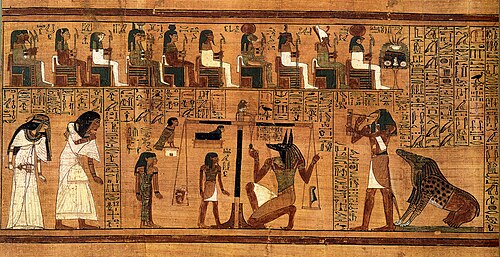 Vue complète de la pesée du cœur du papyrus d'Ani. Ammit est représenté à l'extrême droite, près de Thot. Vers 1250 av. J.-C., XIXe dynastie.