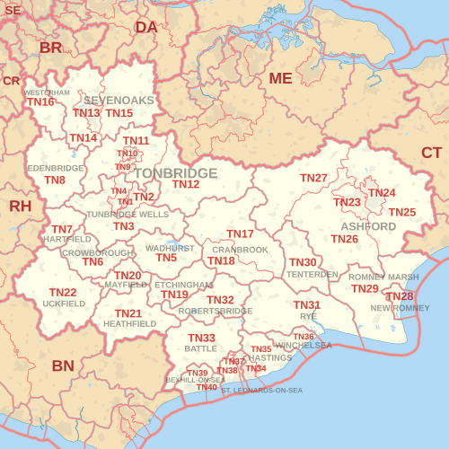 Carte des zones de codes postaux du TN, montrant les districts postaux, les villes postales et les zones de codes postaux voisines.