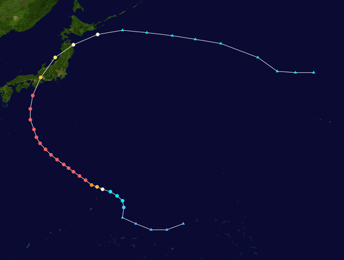 Trajectoire d'un cyclone tropical représentée par des points colorés ; chaque point représente la position et l'intensité de la tempête à des intervalles de 6 heures.