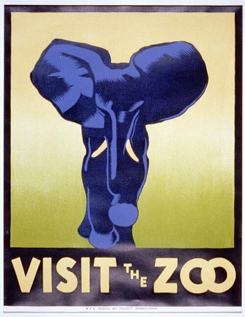 Affiche de la WPA faisant la promotion du zoo comme lieu à visiter, montrant un éléphant
