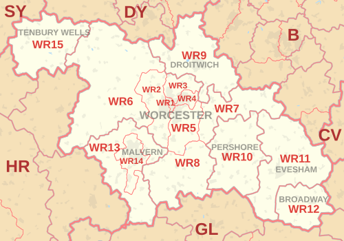 Carte des zones de codes postaux WR, indiquant les districts postaux, les villes postales et les zones de codes postaux voisines.