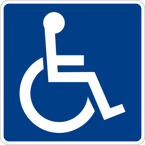 Ligne blanche représentant une personne assise sur l'axe d'un fauteuil roulant sur fond bleu
