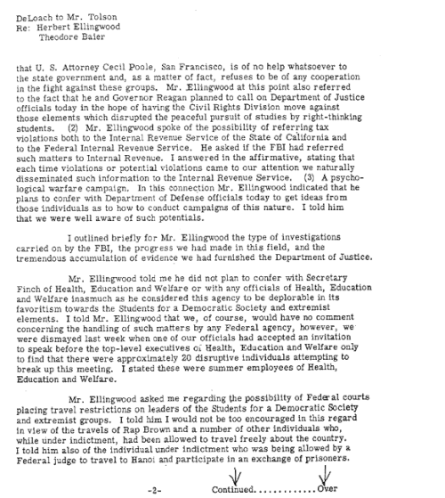 Note du FBI de 1969 concernant la purge de l'Université de Californie à Berkeley par Ronald Reagan, p. 2.