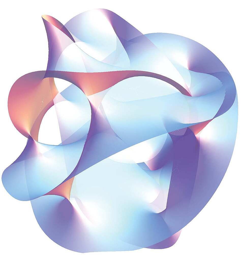 Visualisation d'une surface mathématique complexe comportant de nombreuses convolutions et auto-intersections.