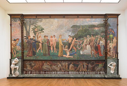 Le Christ à l'Olympe (1897), huile sur toile avec techniques mixtes, dimensions hors tout : 549 × 965 × 65 cm, (3 800 kg), Österreichische Galerie Belvedere, Vienne, Autriche.