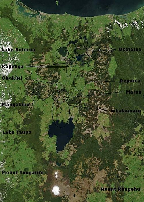 Emplacements des volcans, des lacs et des caldeiras dans la zone volcanique de Taupō