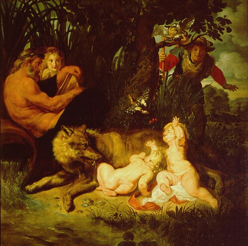 Romulus et Rémus de Pierre Paul Rubens, 1615. On peut y voir Faustulus (à droite) s'approchant des enfants Romulus et Rémus alors qu'ils tètent le sein de la louve. Conservé à la Pinacothèque Capitoline de Rome.