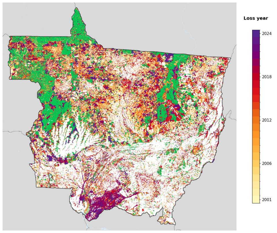 Carte du Mato Grosso montrant les années de perte de couvert forestier, la forêt restante depuis 2000 étant représentée en vert et les années de perte étant colorées en jaune à violet.