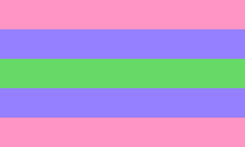 Drapeau de la fierté trigenre, composé de cinq bandes horizontales; qui sont, de haut en bas, rose, bleu, vert, bleu et rose.