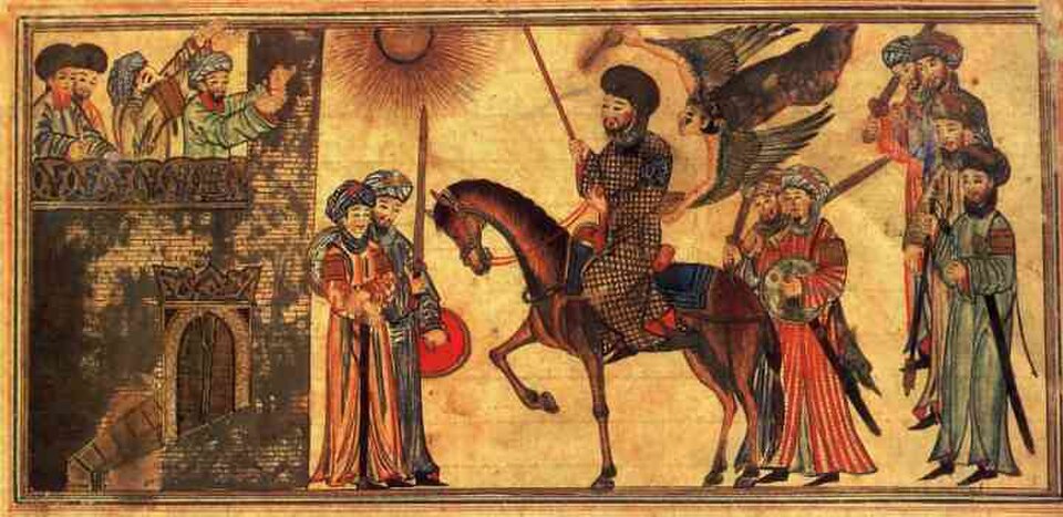 Mohammad (à cheval) recevant la soumission des Banu Nadir, également Jami Al-Tawarikh. 1314 - 1315.