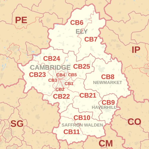 Carte des zones de codes postaux CB, montrant les districts postaux, les villes postales et les zones de codes postaux voisines.