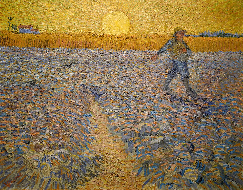 Un homme sème des graines dans un champ labouré. Le personnage, représenté petit, est placé en haut à droite et s'éloigne du cadre. Il porte un sac de graines sur l'épaule. La terre labourée est grise ; derrière, on aperçoit une culture sur pied et, au loin à gauche, une ferme. Au centre de l'horizon, un soleil levant jaune immense projette des rayons jaunes. Un chemin s'avance dans le cadre, et des oiseaux plongent en piqué.
