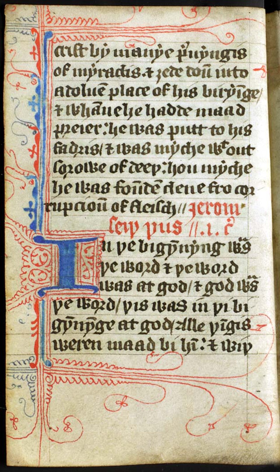 Ornements typiques de la plume gothique dans un exemplaire de travail non illustré de l'Évangile de Jean en anglais, fin du XIVe siècle.