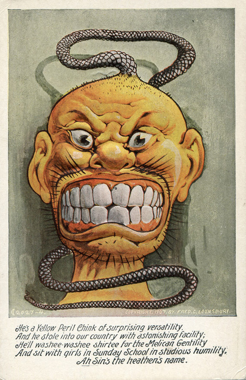 Un visage masculin chinois caricaturé en colère avec des poils faciaux épineux et une queue de serpent. En dessous se trouve un poème de cinq lignes qui commence ainsi : « C'est un Chink du péril jaune d'une polyvalence surprenante. »
