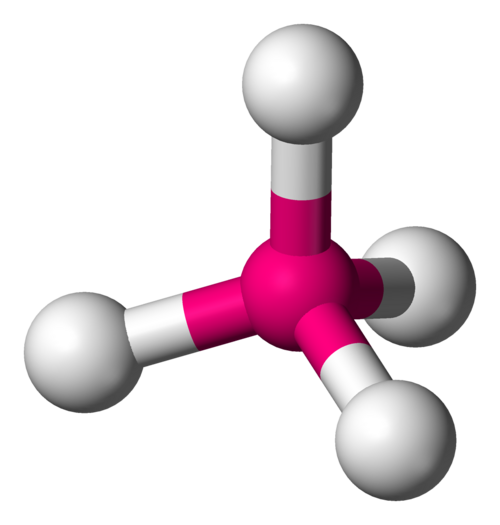 Modèle squelettique d'une molécule téraédrique avec un atome central (oganesson) lié symétriquement à quatre atomes périphériques (fluor).