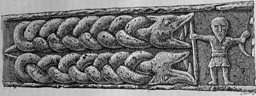 Gravure d'une partie de la croix montrant Fenrir et Heimdallr.