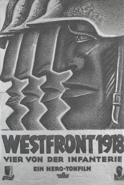 Affiche de film en noir et blanc représentant une illustration stylisée de la tête de profil d'un homme casqué à droite, tourné vers la gauche. Derrière lui, et progressivement vers la gauche, se trouvent les parties avant de trois autres profils similaires, avec des pointes de casque, des nez, des lèvres et des mentons presque identiques. Le titre ci-dessous est suivi de la ligne "Vier von der Infanterie".