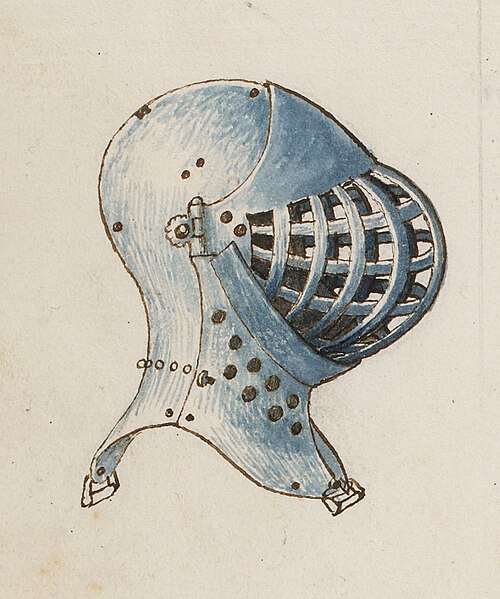 Grand bassinet de la fin de la période, utilisé lors des tournois. Le crâne et le gorgerin arrière sont formés d'une seule pièce et des points de fixation permettent de fixer le casque à la cuirasse.