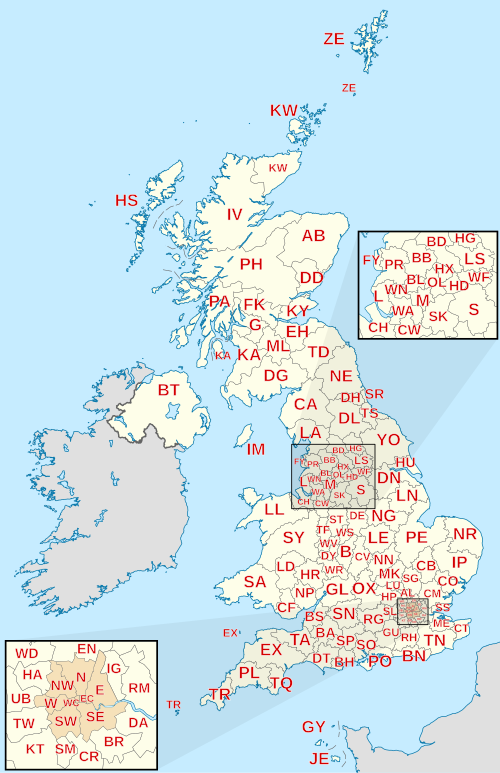 Carte du Royaume-Uni et des dépendances de la Couronne montrant les limites des zones de codes postaux